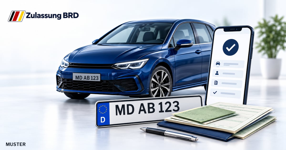 Online Fahrzeugzulassung in Magdeburg: Musterkennzeichen MD AB 123, Auto und Fahrzeugpapiere und Smartphone. Illustration mit Logo von Zulassung BRD.
